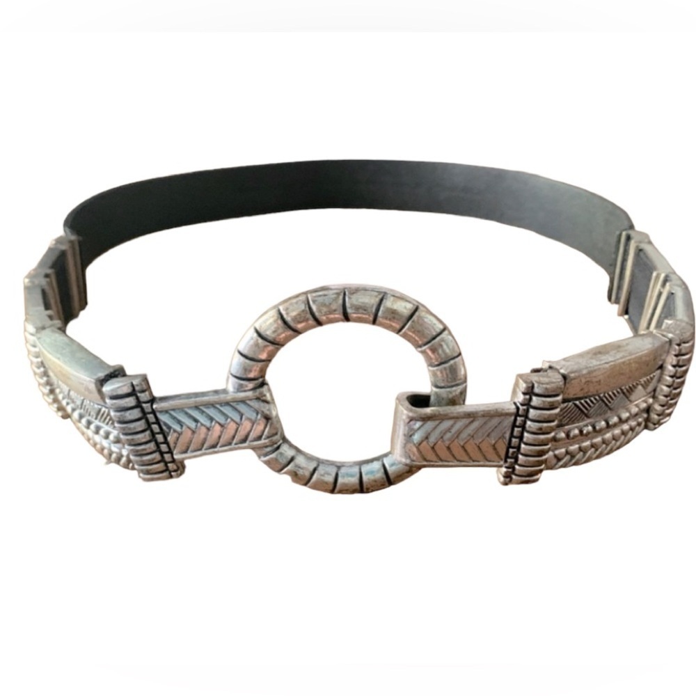 Chicos Leather and Antiqued Silver Metal Belt Sz M